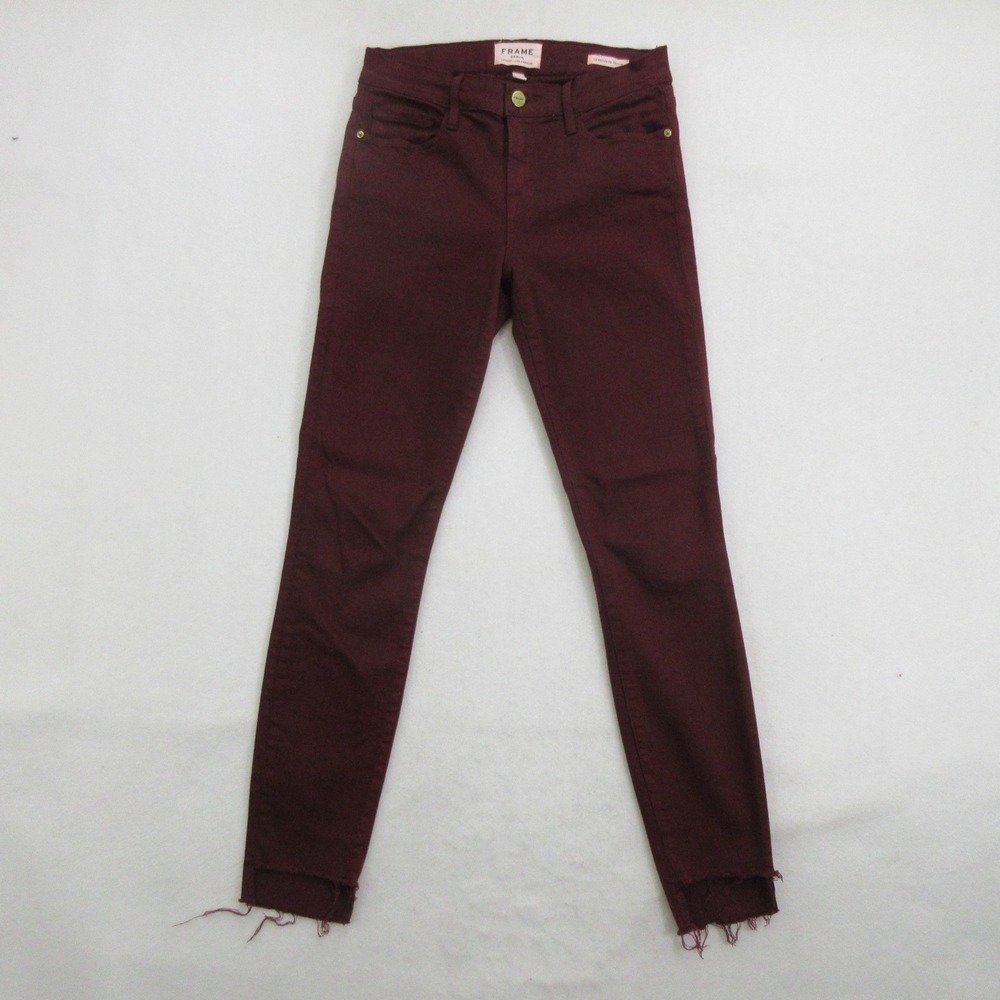 Frame Women Jeans Size 26 Le Skinny de Jeanne Pinot Burgundy Raw Hem Stretch
